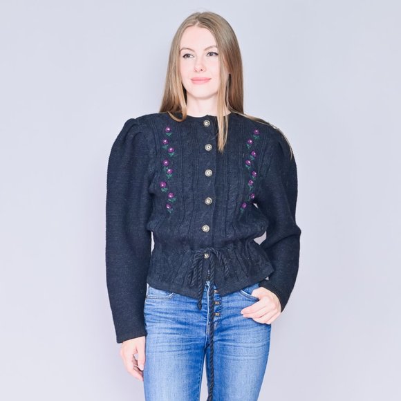 321. VINTAGE Trachtenmode Austrian Alps Grey Black Knit Wool Cardigan M - Picture 1 of 7